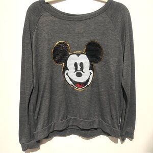 Disney Sequin Mickey Mouse Shirt Long Sleeve Gray Lightweight Knit SZ XL Junior
